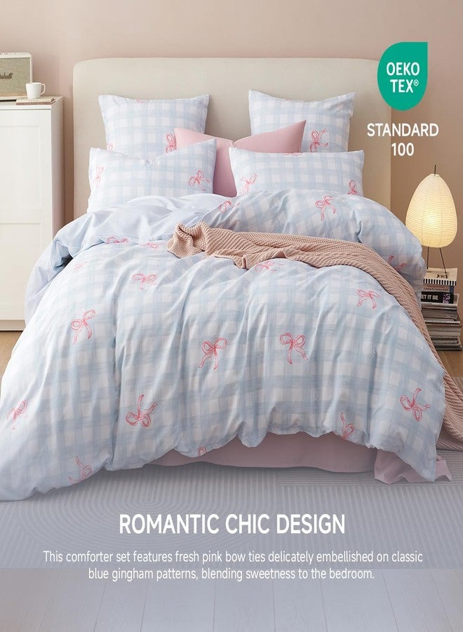 Erwinmu Girls Comforter Set Queen Size,3 Pieces Pink Bow Ties on Gingham Comforter Bedding Sets Reversible Pattern Back to School for Girls Kids,Cozy Microfiber Comforter and 2 Pillowcases - Image 3