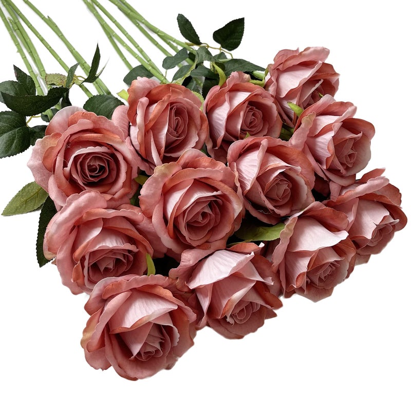 UKELER 12 Pcs Artificial Silk Flowers Faux Roses with Long Stems Blossom Artificial Rose Flowers for Bridal Wedding Floral Bouquets Home Office Decor