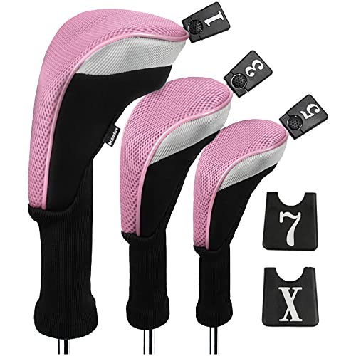 Andux 6pcs/Set Golf Club Head Covers Woods Drivers Fairway Hybrid Set Long Neck (3 Hybrid + 3 Woods) (Black/Pink) - Image 4