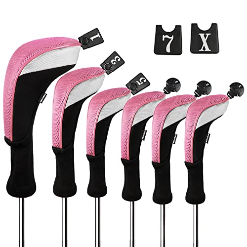 Andux 6pcs/Set Golf Club Head Covers Woods Drivers Fairway Hybrid Set Long Neck (3 Hybrid + 3 Woods) (Black/Pink) - Image 1