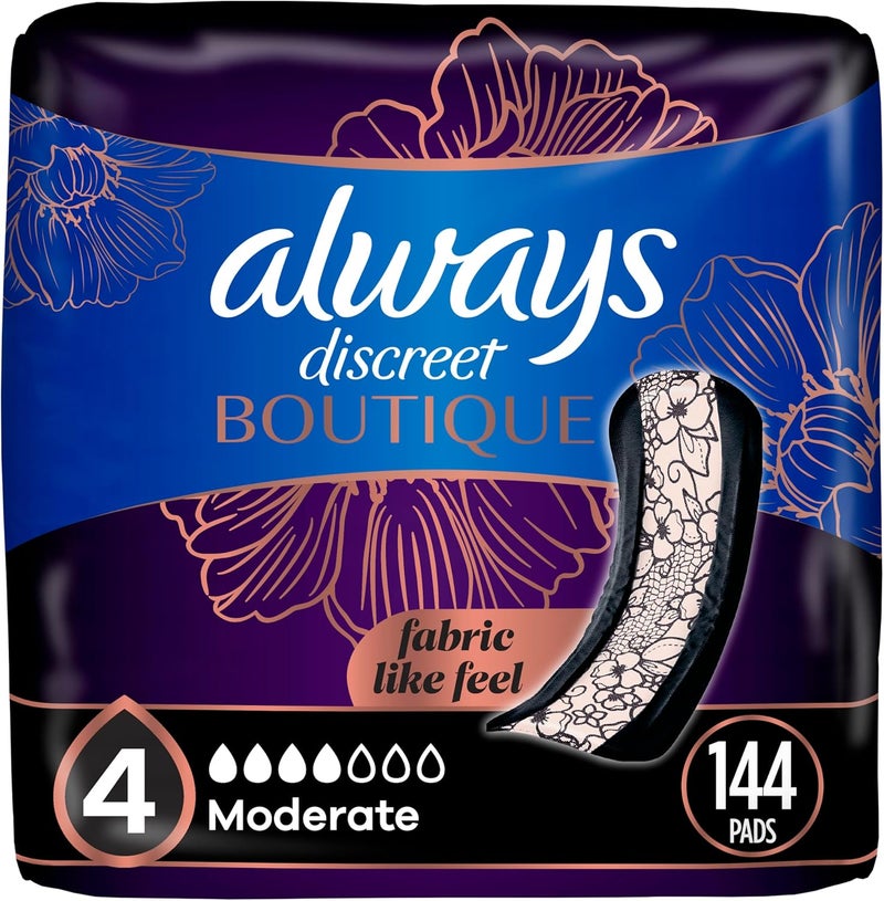 Always Discreet Boutique Adult Incontinence & Postpartum Pads For Women, Size 4, Moderate Absorbency, Regular Length, 48 Count x 3 Packs (144 Count total) (Packaging May Vary)