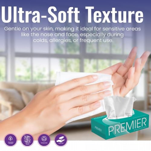 Premier 2-Ply Box Face Tissue Papers – 100 Pulls per Box (Pack of 4, 400 Pulls, 800 Sheets) –Ultra Soft, Gentle & Highly Absorbent Facial Tissues for Home, Office, Car & Travel | Green - Image 3