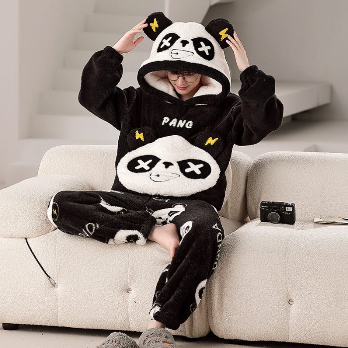 Coral Fleece Pajamas Men's Winter Hooded Fleece Plus Cartoon Cute Dinosaur Plus Size Teenager Home Suit - Image 1