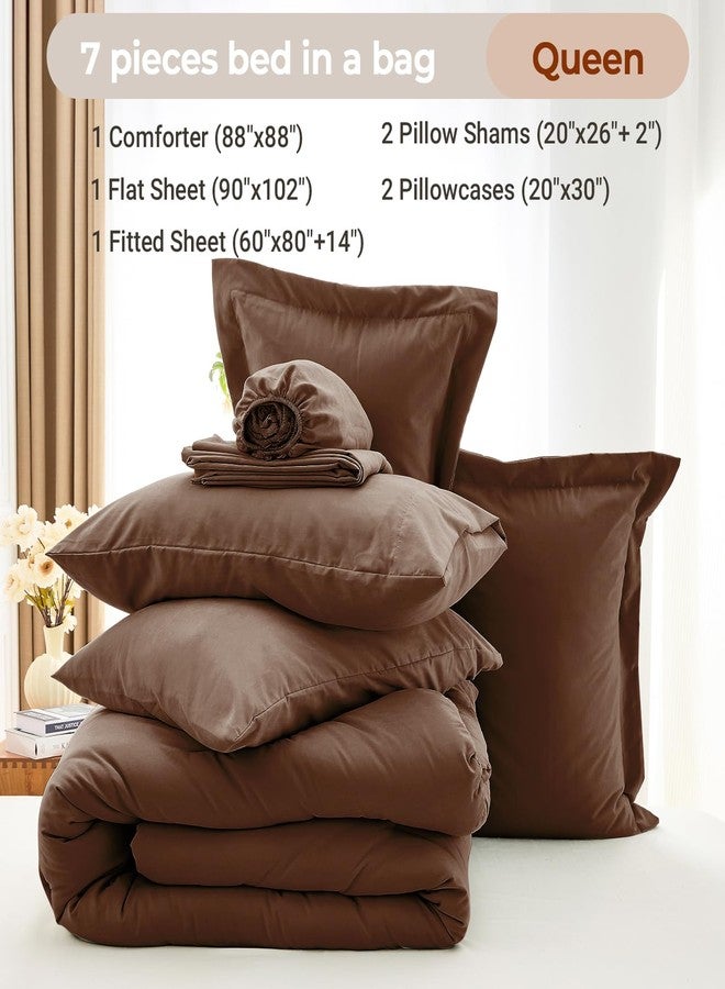 MUXHOMO 7 Pieces Queen Comforter Set, Soft Bed in a Bag Queen Size, All Season Bedding Set with Comforter, Flat Sheet, Fitted Sheet, Pillowcases & Shams, Brown - Image 5