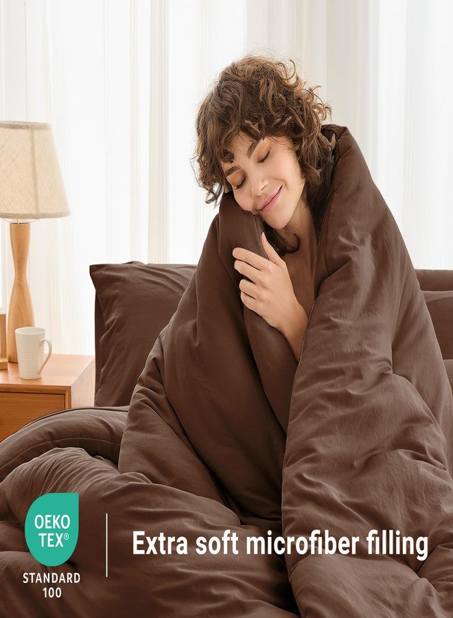 MUXHOMO 7 Pieces Queen Comforter Set, Soft Bed in a Bag Queen Size, All Season Bedding Set with Comforter, Flat Sheet, Fitted Sheet, Pillowcases & Shams, Brown - Image 2