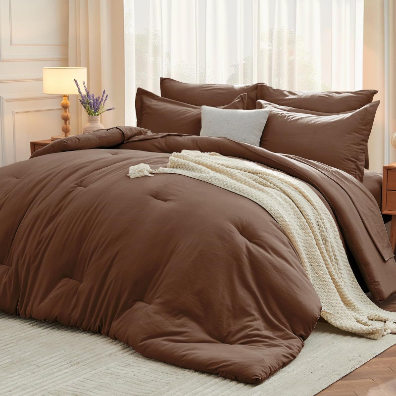 MUXHOMO 7 Pieces Queen Comforter Set, Soft Bed in a Bag Queen Size, All Season Bedding Set with Comforter, Flat Sheet, Fitted Sheet, Pillowcases & Shams, Brown - Image 1