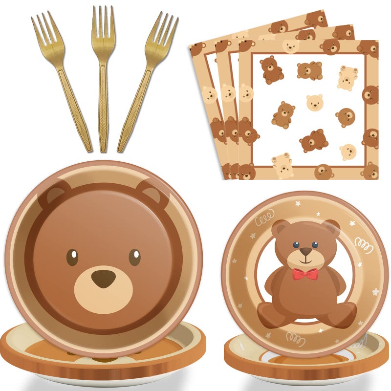 Tevxj 96 Pcs Bear Baby Shower Party Plates Decorations We Can Bearly Wait Baby Tableware Bear Theme Dessert Teddy Plates Napkins Supplies for Gender Reveal Boy Girl Baby Shower Birthday Party Serve 24 - Image 1