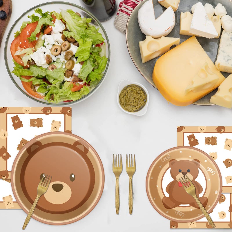 Tevxj 96 Pcs Bear Baby Shower Party Plates Decorations We Can Bearly Wait Baby Tableware Bear Theme Dessert Teddy Plates Napkins Supplies for Gender Reveal Boy Girl Baby Shower Birthday Party Serve 24 - Image 5