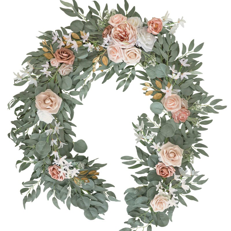 Lookein Lookein 6FT Flower Garland Eucalyptus Garland with Flowers Handcrafted Wreath for Wedding Centerpieces for Rehearsal Dinner Bridal Shower Dusty Rose 