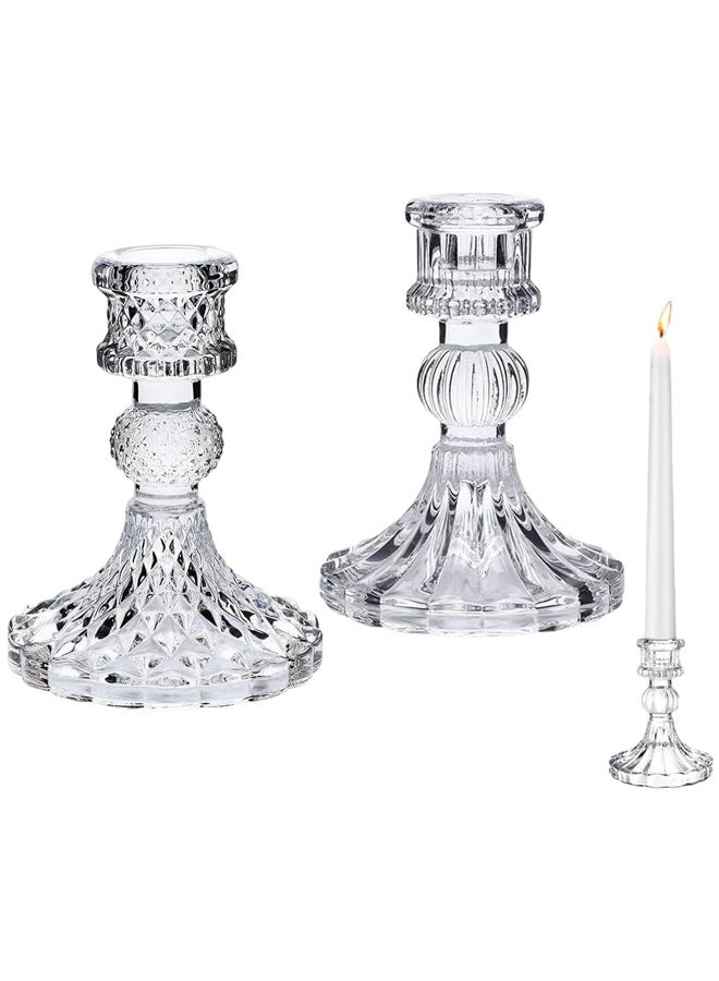 DUNISO 2 Pcs Glass Candle Holders, Include Taper Stripe Candle Stand,Candle Stick Container Candelabra for Christmas Decorations Table Centerpieces Festival, Wedding Dinner Party，Clear  - Image 1