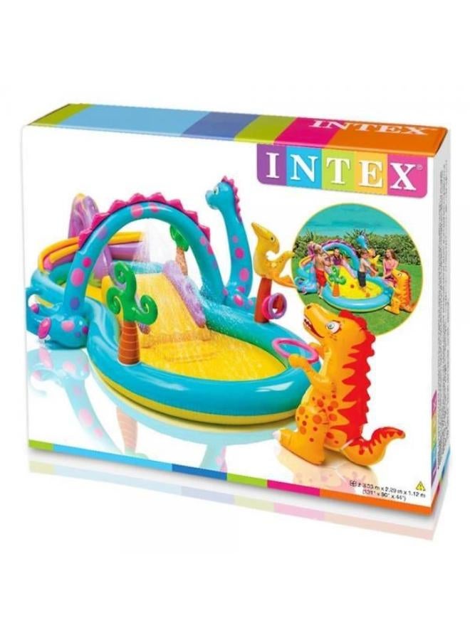 INTEX حمام سباحة للأطفال قابل للنفخ مع منزلق ورذاذ ماء – مركز لعب الديناصورات مع منزلق، ألعاب كرات ورذاذ، حمام سباحة ممتع في الهواء الطلق (302x229x112 سم) - Image 4