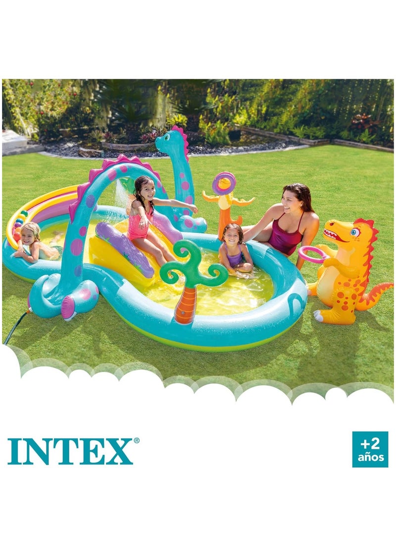 INTEX حمام سباحة للأطفال قابل للنفخ مع منزلق ورذاذ ماء – مركز لعب الديناصورات مع منزلق، ألعاب كرات ورذاذ، حمام سباحة ممتع في الهواء الطلق (302x229x112 سم) - Image 2