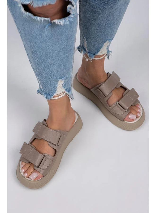 Farah Women's Genuine Leather Double Strap Mink Beige Slippers - Brown (39)