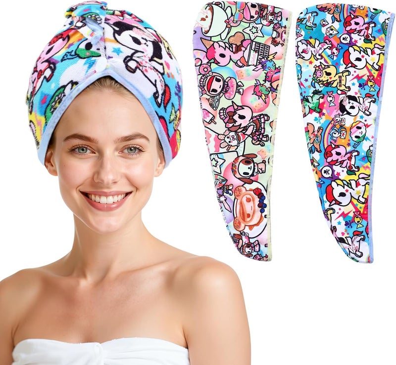 Tokidoki 2 Pack Unicorno Microfiber Hair Towel, 23.6"X10" Cartoon Hair Towel Wrap for Women, Super Absorbent Soft Hair Drying Towel for Curly Hair Long Hair - Image 1