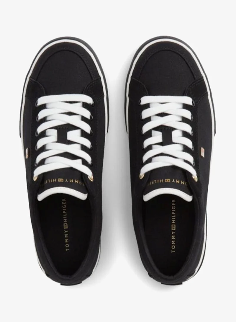 Tommy Hilfiger Ecru/Black Canvas Enamel Flag Trainers for Women | Best Price UAE
