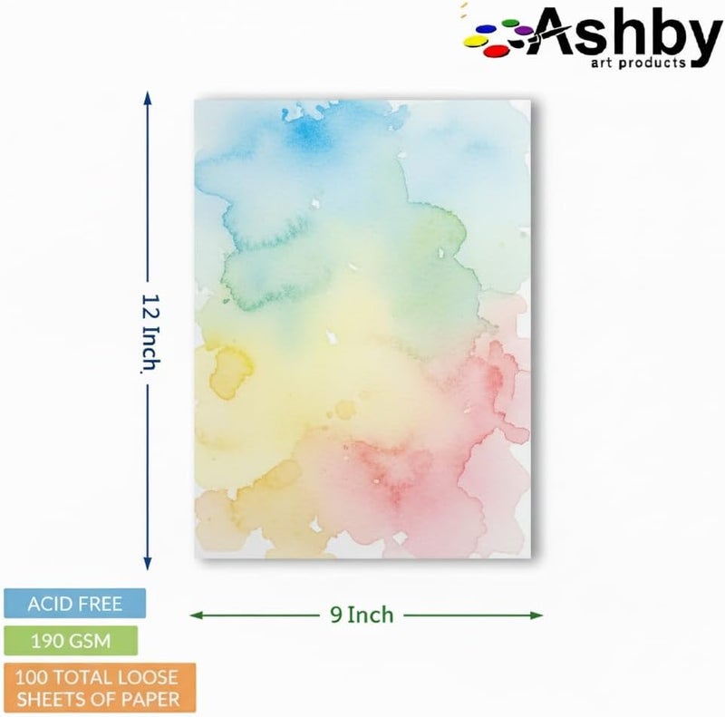 ASHBY 100 Sheets of Practice Watercolor Paper (9" x 12") - 190 GSM, Acid-Free and Cold Pressed.. Perfect for Painting, Sketching or Drawing. Wet, Dry and Mixed Media. Bulk Pack - Image 2