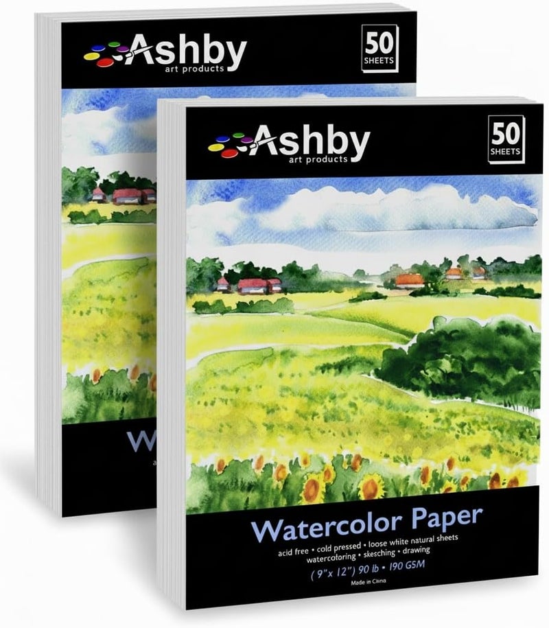 ASHBY 100 Sheets of Practice Watercolor Paper (9" x 12") - 190 GSM, Acid-Free and Cold Pressed.. Perfect for Painting, Sketching or Drawing. Wet, Dry and Mixed Media. Bulk Pack - Image 1
