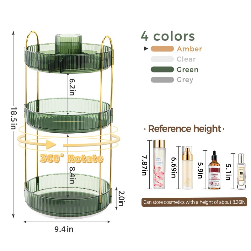 BEFSOP 360Â° Rotating Makeup Organizer, Upgraded 3 Tier Skincare Perfume Organizers for Women, Bathroom Organizer Countertop, Clear Cosmetic Dresser Organizer with Makeup Brush Holder, Sink&Counter (Green) - Image 2