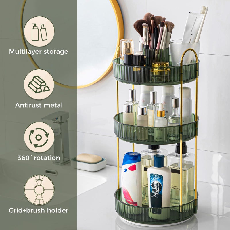 BEFSOP 360Â° Rotating Makeup Organizer, Upgraded 3 Tier Skincare Perfume Organizers for Women, Bathroom Organizer Countertop, Clear Cosmetic Dresser Organizer with Makeup Brush Holder, Sink&Counter (Green) - Image 5