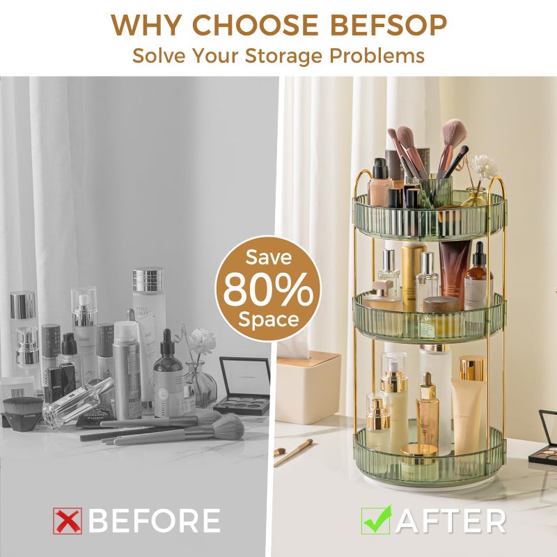 BEFSOP 360Â° Rotating Makeup Organizer, Upgraded 3 Tier Skincare Perfume Organizers for Women, Bathroom Organizer Countertop, Clear Cosmetic Dresser Organizer with Makeup Brush Holder, Sink&Counter (Green) - Image 3