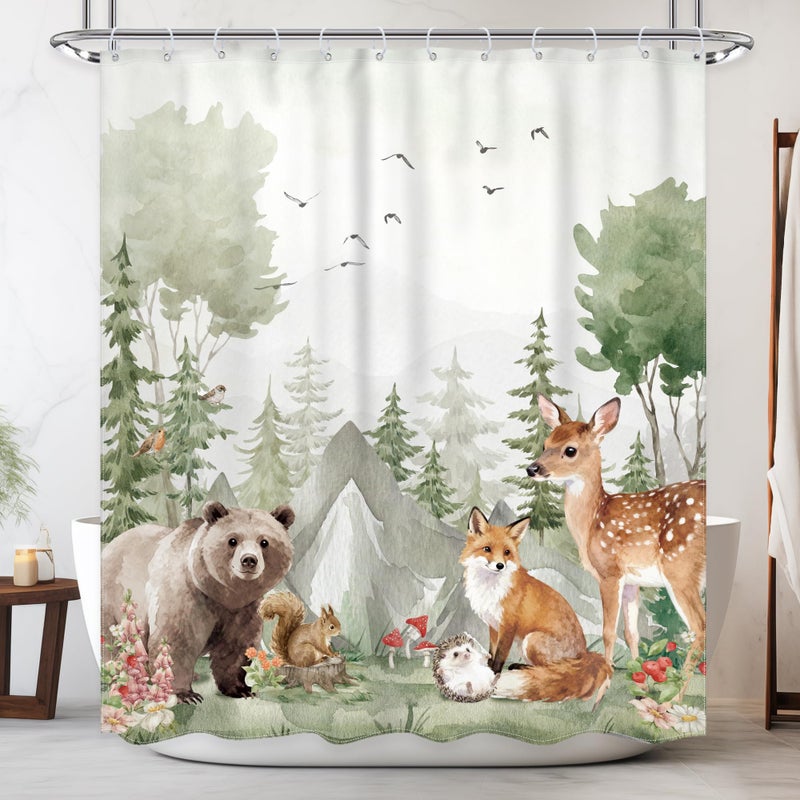 Newsely Rustic Nursery Woodland Animals Shower Curtain for Kids 60Wx72H Inch Cute Wildlife Country Safari Bear Deer Plant Bathroom Set for Children Waterproof Bath Decoration Accessories Home Decor
