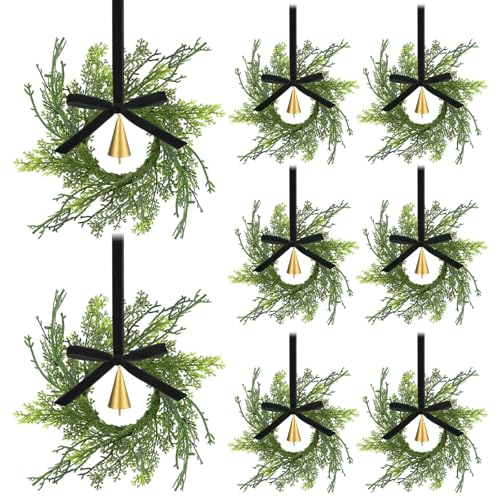 Knitgrip 12 Sets Mini Christmas Wreath for Cabinets 787 Inch Artificial Cypress Cedar Wreath with Vintage Cow Bells Ribbon for Xmas DIY Craft Kitchen Chair Window Fireplace Wall DecorBlack - Image 1