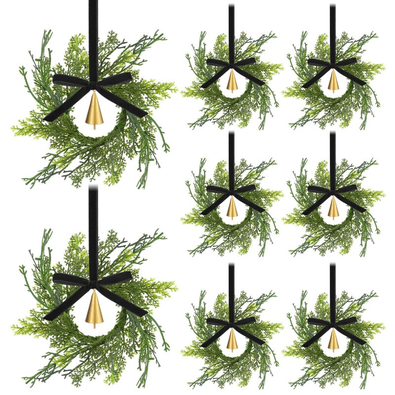 Knitgrip 12 Sets Mini Christmas Wreath for Cabinets 787 Inch Artificial Cypress Cedar Wreath with Vintage Cow Bells Ribbon for Xmas DIY Craft Kitchen Chair Window Fireplace Wall DecorBlack - Image 2