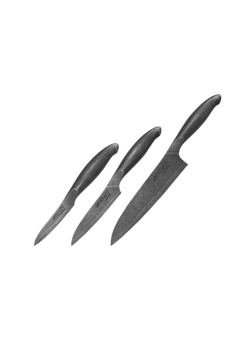 SAMURA ARTEFACT Kitchen Knife Set of 3 | AUS‑10 Multi‑Layer Steel, Stonewashed Blades | Paring Knife, Utility Knife and Chef’s Knife | Full Steel Handle | Premium Gift Box for Home & Professional Use - Image 1