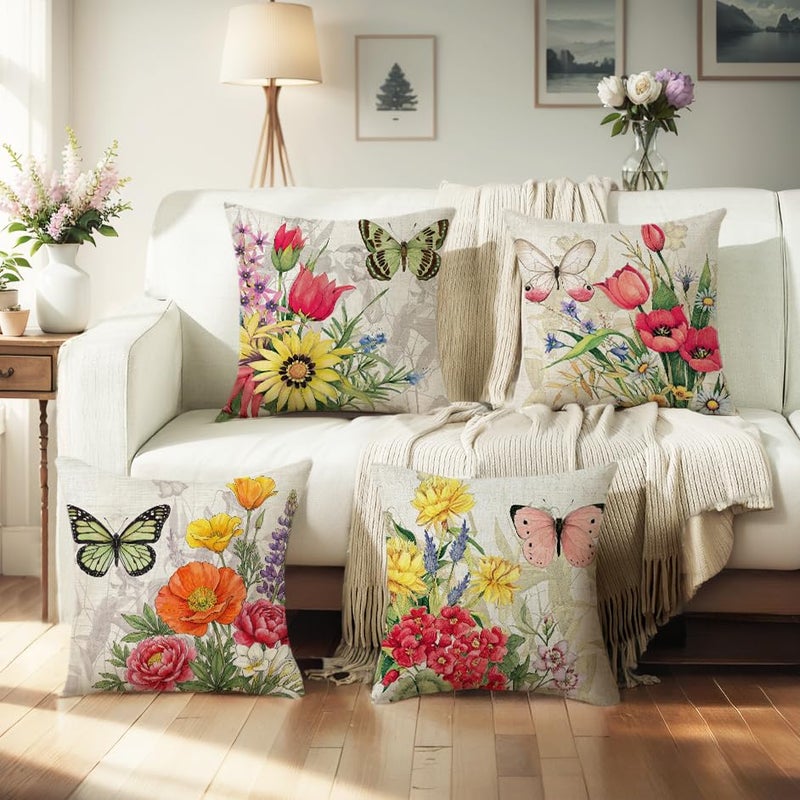 wyooxoo Throw Pillow Covers 16x16 Set of 4 Decorative Spring Pillow Covers Linen Flower Butterfly Farmhouse Pillowcases for Sofa Couch Living Room Outdoor - Image 2