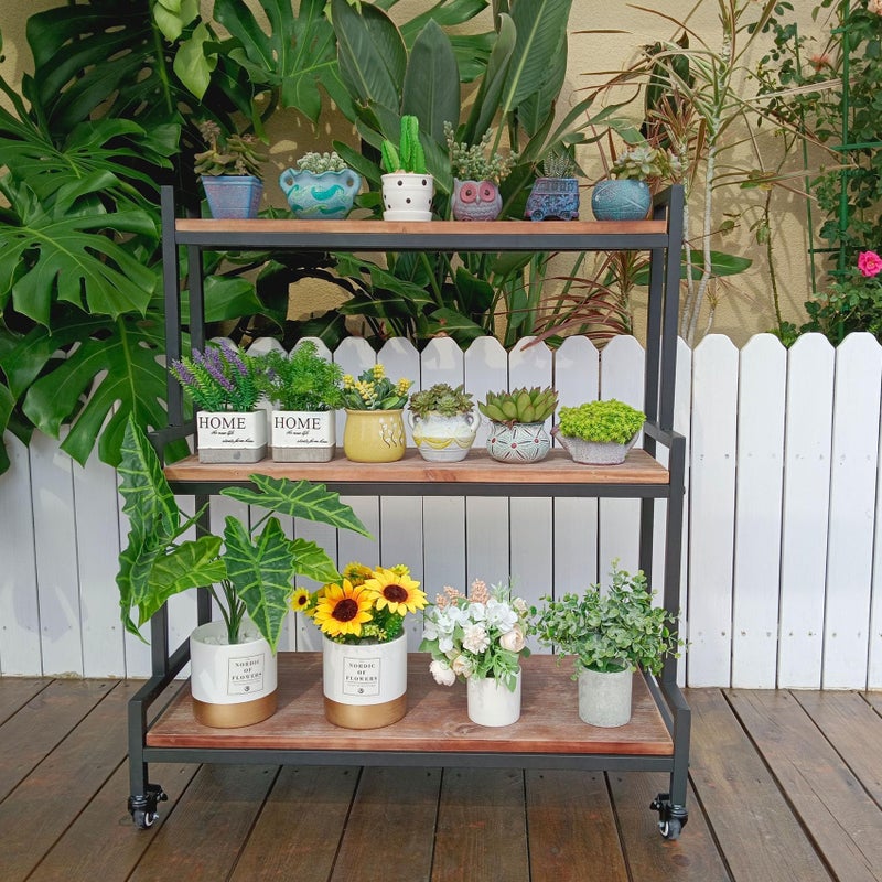 YCCO Rustic Plant Stand with Wheels 37 H Rolling Plant Shelves Rack Indoor OutdoorMetal Plant Stand with Solid Wood for Multiple PlantsIndustrial Ladder Plant Flower Shelf for GardenLiving RoomBrown