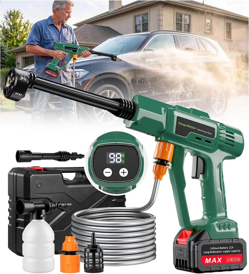 DeeprBetter Battery Pressure Washer Mobile, 600PSI Portable Pressure Washer Gun with 6-in-1 Multifunctional Nozzle, Small Pressure Washer Car with 3 Adjustable Speeds - Green - Image 1