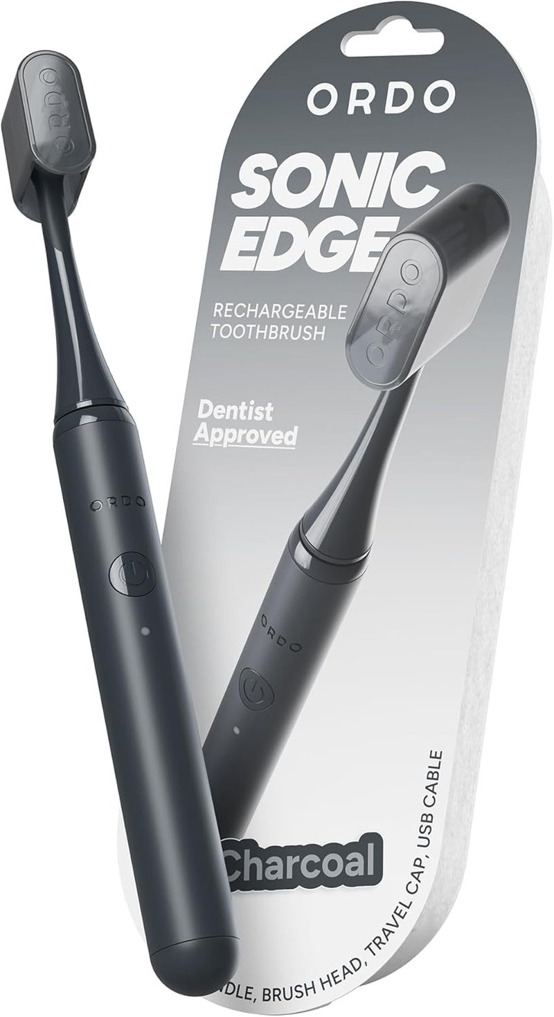 أوردو فرشاة أسنان كهربائية صوتية قابلة للشحن Sonic Edge للبالغين، فرشاة أسنان صوتية مدمجة مع USB-C، بطارية تدوم لأكثر من 6 أسابيع، غطاء سفر، رأس فرشاة واحد وكابل (فحم) - Image 1