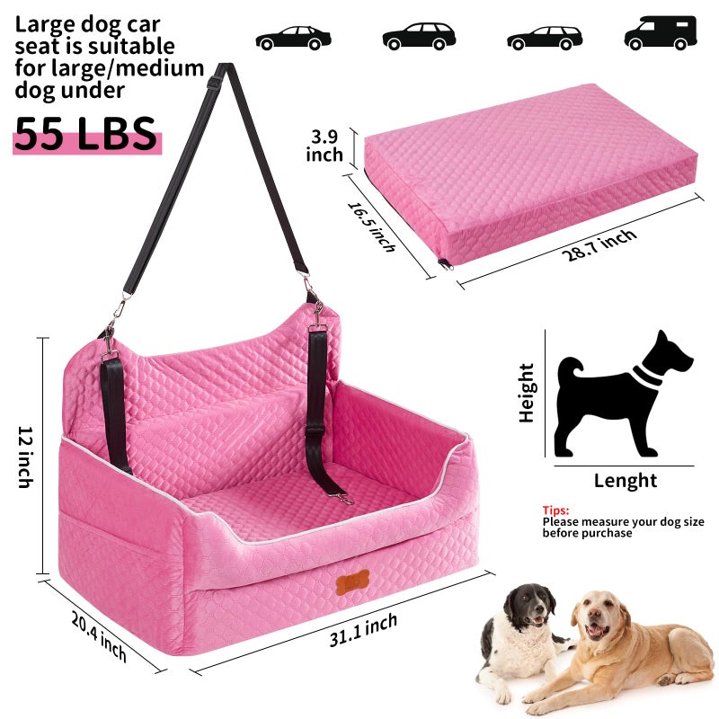 EUHAMS Dog Car Seat for Large/Medium Dogs - Memory Foam Dog Booster Seat for Under 55Lbs or 2 Small Dogs-Detachable and Washable Travel Bed with Thick Cushion and Storage Pockets-Pink - Image 2