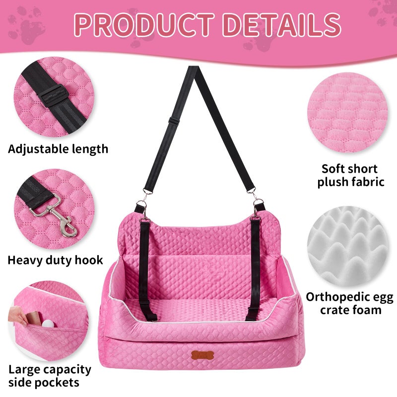 EUHAMS Dog Car Seat for Large/Medium Dogs - Memory Foam Dog Booster Seat for Under 55Lbs or 2 Small Dogs-Detachable and Washable Travel Bed with Thick Cushion and Storage Pockets-Pink - Image 5