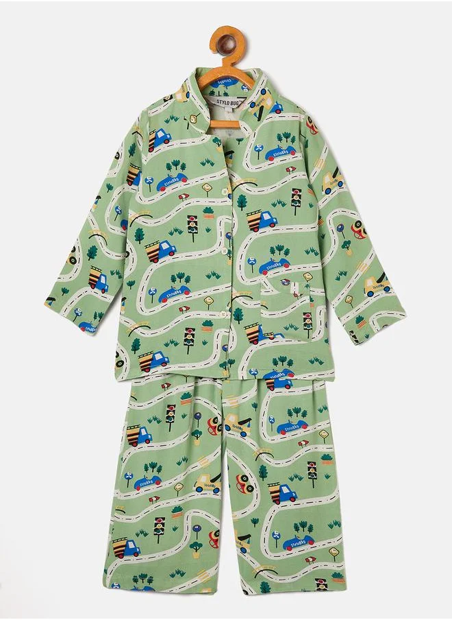 ستايلو بج Traffic Buzz Graphic Print Shirt & Pyjama Set by Styli