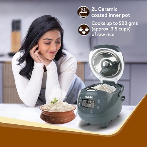 AGARO طباخ أرز كهربائي AGARO إمبريال، وعاء داخلي مغطى بالسيراميك سعة 2 لتر، 500 جرام (حوالي 3.5 أكواب) من الأرز الخام، سلة بخار، 8 وظائف طهي مسبقة، منطق ضبابي متقدم، وظيفة الحفاظ على الحرارة لمدة 24 ساعة، 350 واط - Image 2