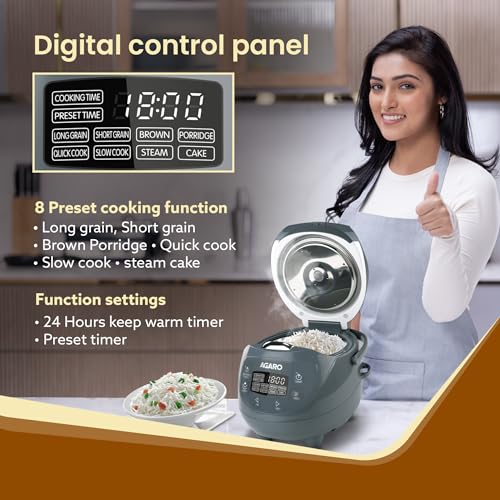 AGARO طباخ أرز كهربائي AGARO إمبريال، وعاء داخلي مغطى بالسيراميك سعة 2 لتر، 500 جرام (حوالي 3.5 أكواب) من الأرز الخام، سلة بخار، 8 وظائف طهي مسبقة، منطق ضبابي متقدم، وظيفة الحفاظ على الحرارة لمدة 24 ساعة، 350 واط - Image 3