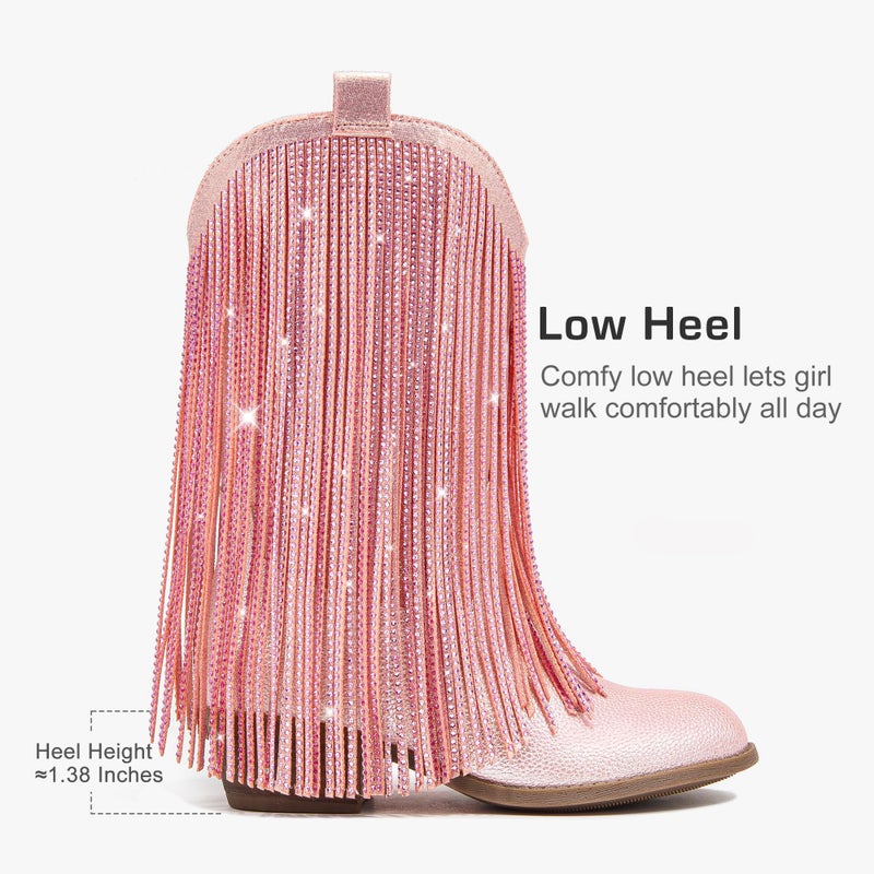 LAURMOSA Girls Cowboy Boots Size 1 Pink Cowgirl Boots for Girls Cow Girl Fringe Rhinestone Western Boot Big Kids Sparkly Tassel Mid Calf Pointed Toe Low Heel Party Birthday Dress Dance (L1056PUPink 1) - Image 5