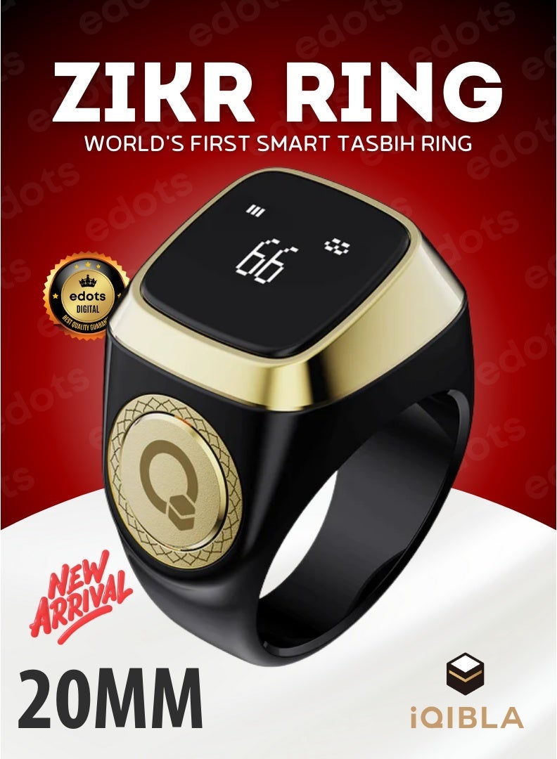 إيكيبلا خاتم ذكر ذكي / لايت إس | 20 مللي متر / عدّاد الصلاة، عدّاد التسبيح وتذكير وقت الصلاة للمسلمين / تقنية مقاومة للماء يمكن ارتداؤها / أسود وذهبي - Image 1