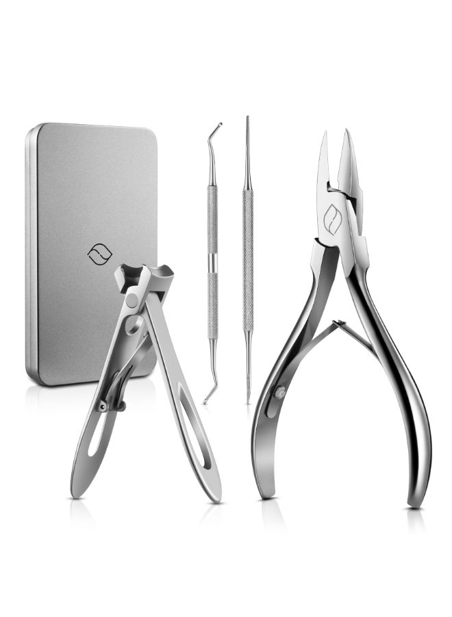 FERYES 4PCS Ingrown Toenail Kit Toenail Clippers for Thick and Ingrown Toenails Toe Nail Clipper with Thick Toenail File and Toenail Lifter Complete Toenail Care Set for Men and Women Silver - Image 2