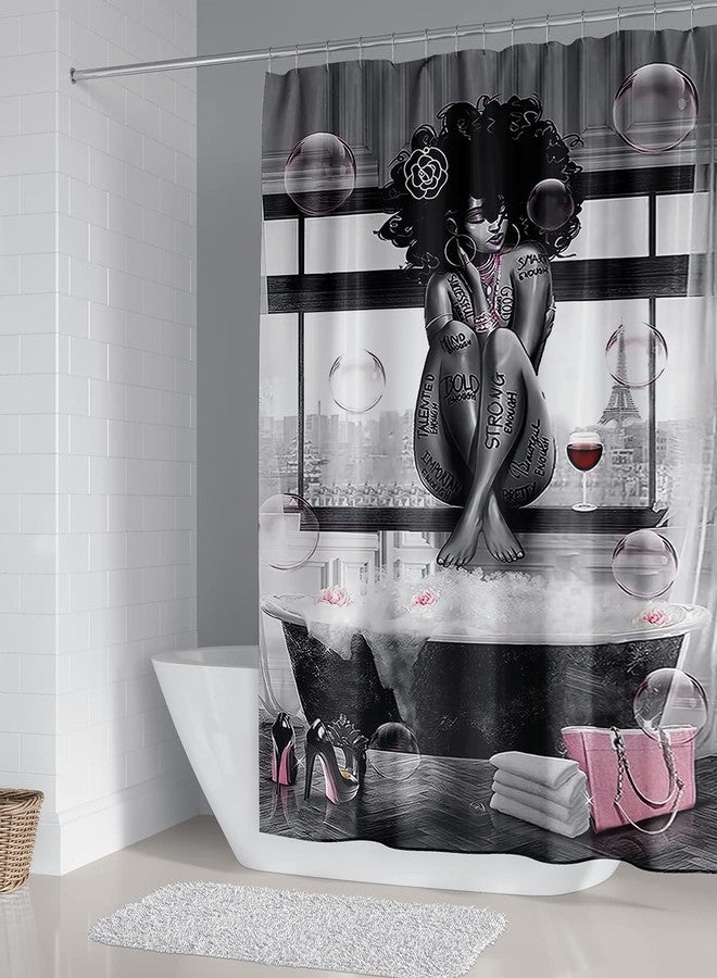 DDS-DUDES 4Pcs African American Black Girl Waterproof Shower Curtain Sets for Bathroom with Non Slip Rugs, Toilet Cover and Bath Mat, 12 Plastic Hooks (Girl-Sit) - Image 3