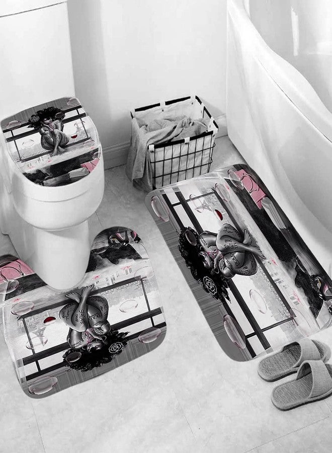 DDS-DUDES 4Pcs African American Black Girl Waterproof Shower Curtain Sets for Bathroom with Non Slip Rugs, Toilet Cover and Bath Mat, 12 Plastic Hooks (Girl-Sit) - Image 4