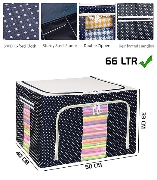 GAMAHA 66 Ltr storage bag Foldable Steel Frame Cloths Zip Organizer Bag and Oxford Fabric Storage Living Cover Boxes For Wardrobe Organizer Shelves Clothes Sarees Bed Sheet Blanket Pack of 1 - Image 5