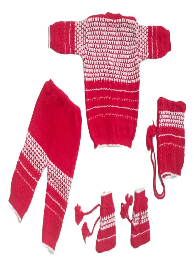 Cute Collection Hand Made New Born Baby Woolen Sweater with Pyjami Cap and Pair of Booties 0 to 3 Months Baby Boy's and Girls (Color, Red & White) - Image 5
