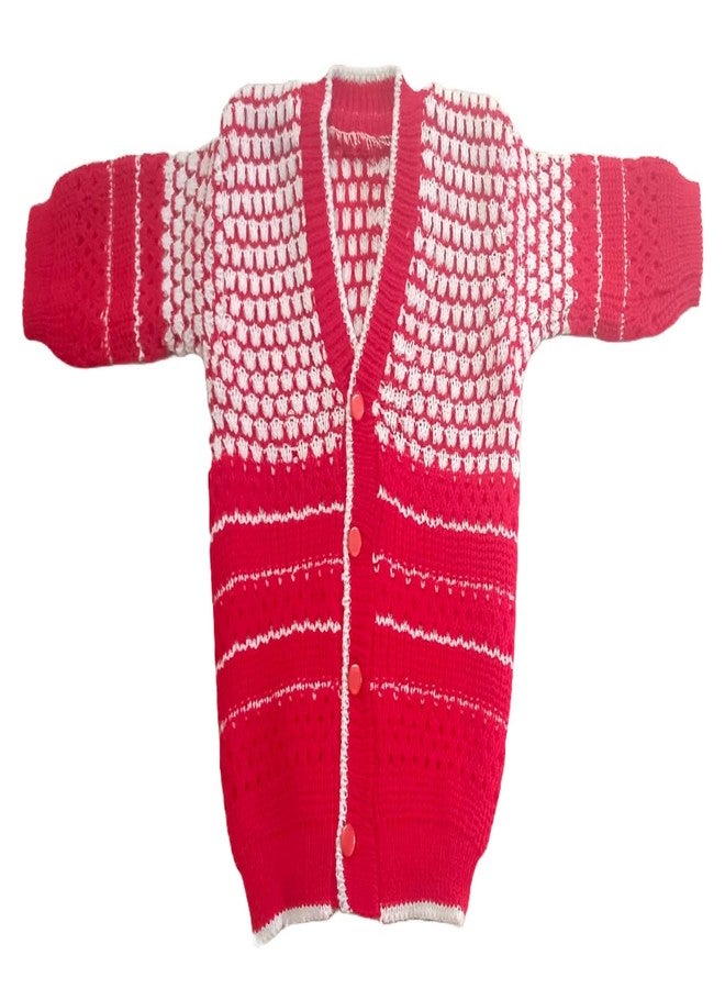 Cute Collection Hand Made New Born Baby Woolen Sweater with Pyjami Cap and Pair of Booties 0 to 3 Months Baby Boy's and Girls (Color, Red & White) - Image 2