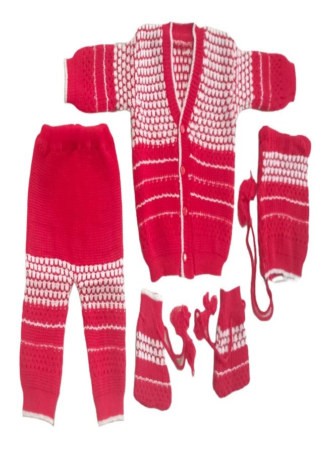 Cute Collection Hand Made New Born Baby Woolen Sweater with Pyjami Cap and Pair of Booties 0 to 3 Months Baby Boy's and Girls (Color, Red & White) - Image 1