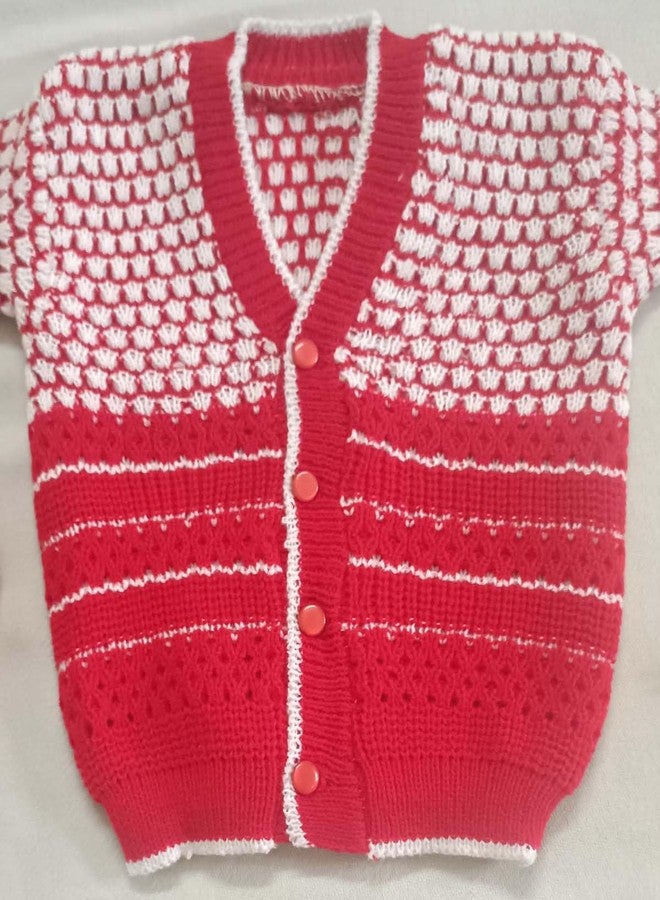 Cute Collection Hand Made New Born Baby Woolen Sweater with Pyjami Cap and Pair of Booties 0 to 3 Months Baby Boy's and Girls (Color, Red & White) - Image 4