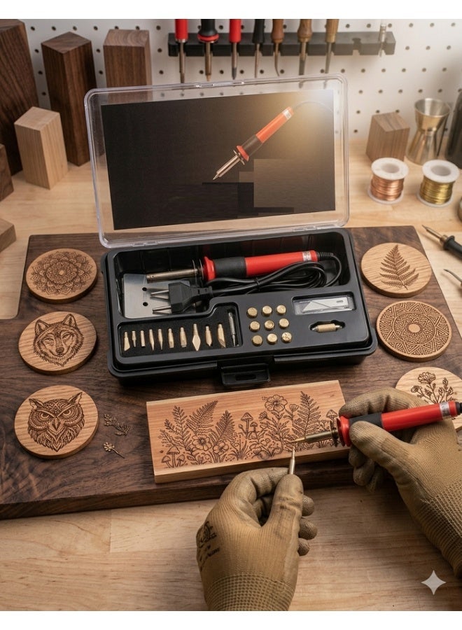 Wood and Leather Pyrography Pen with 23 Different Tips 30W - Image 1