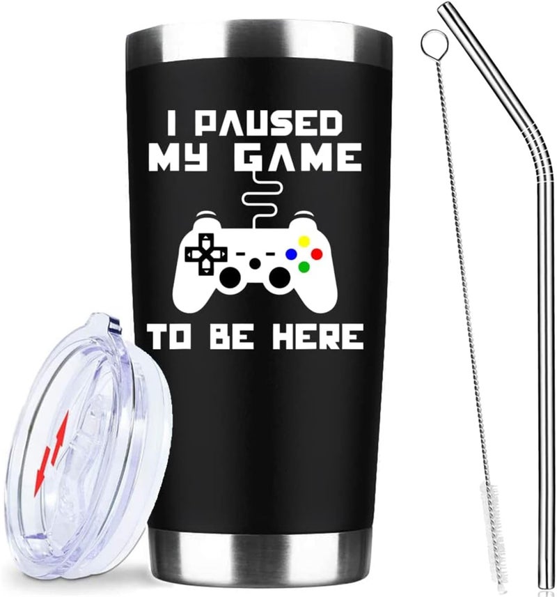 ATHAND I Paused My Game To Be Here Tumblers Cups with Lid  Straw 20 OZ  Insulated Stainless Steel Vacuum Coffee Wine Travel Tumbler Funny Mug  Gifts for Teenage Gamer Boy Girl Him Black
