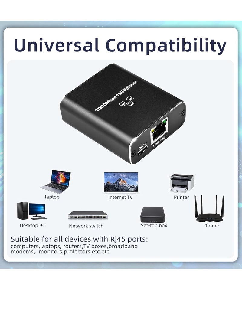 Ethernet Splitter 1 to 2 High Speed 1000Mbps, Gigabit Ethernet Splitter, Network Splitter with USB Power Cable, RJ45 Splitter for Cat5/5e/6/7/8 Cable, Support 2 Devices Working Simultaneously